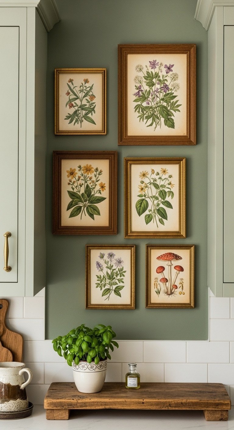 Beautiful Cottage Core Kitchen Decor Ideas For A Cozy Space 1 A gallery wall of vintage botanical prints in mismatched wooden frames hangs on a sage green wall in a cozy cottagecore kitchen.