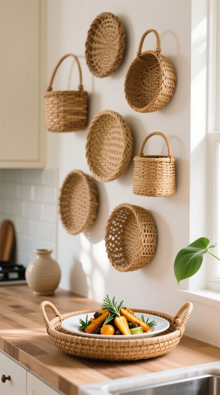 13 Genius Boho Kitchen Wall Decor Ideas You Can Style 1 A gallery wall of woven seagrass and rattan baskets arranged asymmetrically on a warm white wall in a cozy boho kitchen.