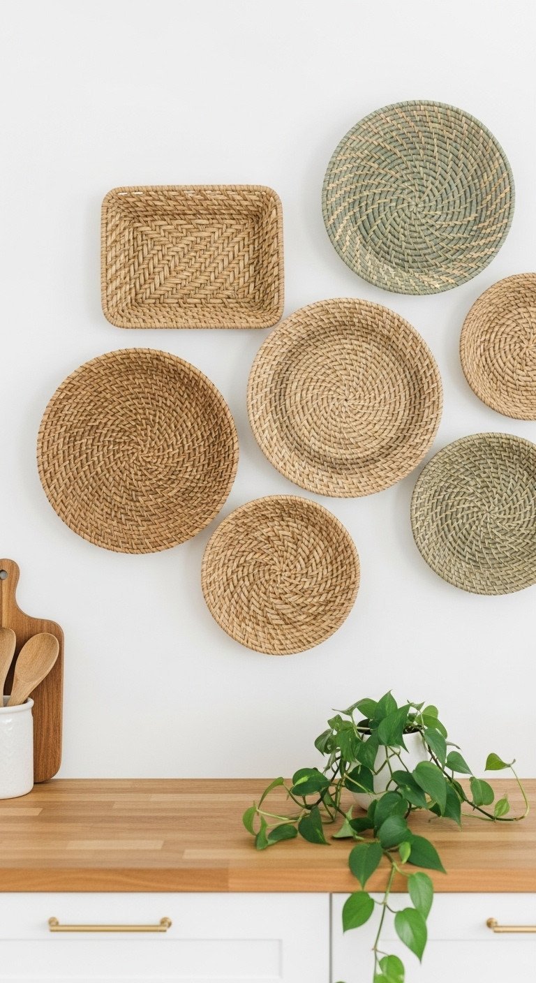 A gallery wall of woven seagrass and rattan wall baskets in various sizes hangs on a white wall in a Bohemian kitchen.