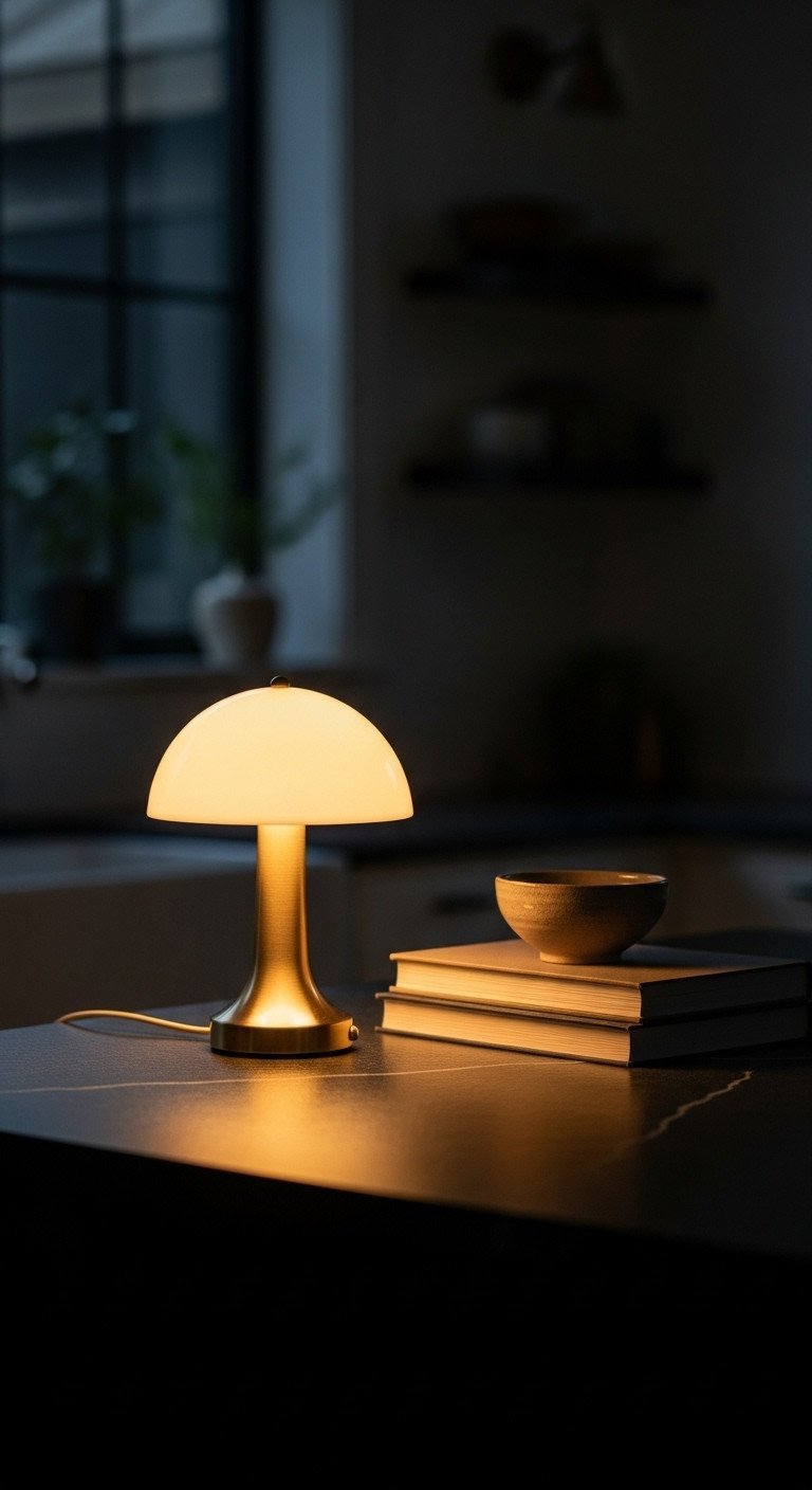 Kitchen Island Decor Secrets For Style And Function 11 A glowing cordless mushroom lamp with a brass base creates a cozy, moody ambiance on a dark kitchen island at night.