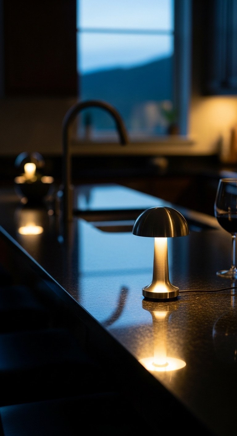 A glowing cordless table lamp with a mushroom shade creates a warm, cozy mood on a dark granite kitchen island at dusk.