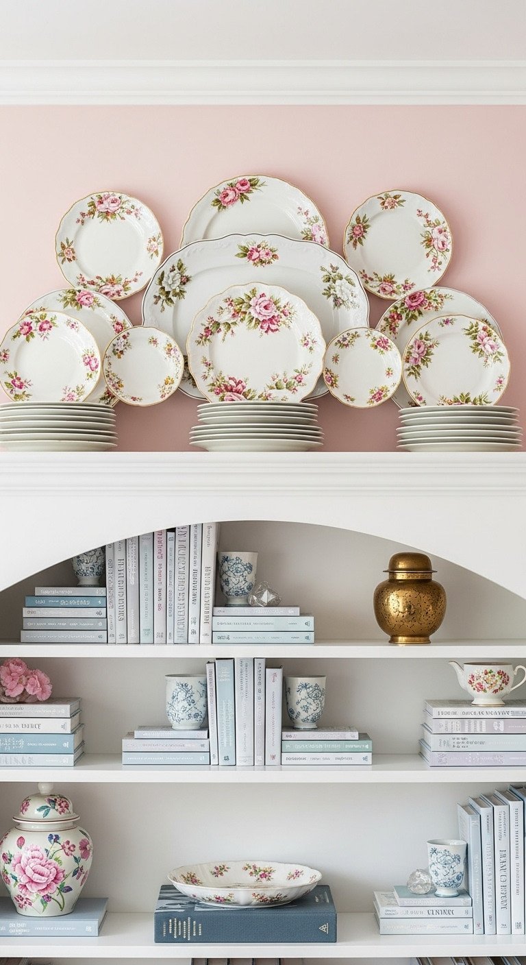 Stunning Plate Wall Decor And The Secrets To Hang It Right 9 A graceful arch of floral chintz plates arranged on a pastel pink wall above a white arched bookcase for a Grandmillennial look.