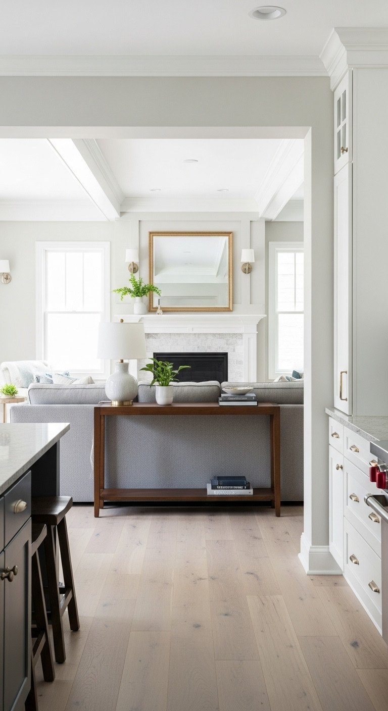 9 Stunning Home Decor Ideas For A Cohesive Living Room And Kitchen 13 A gray sectional sofa and a slim console table create a functional and stylish room divider in an open-plan living space.