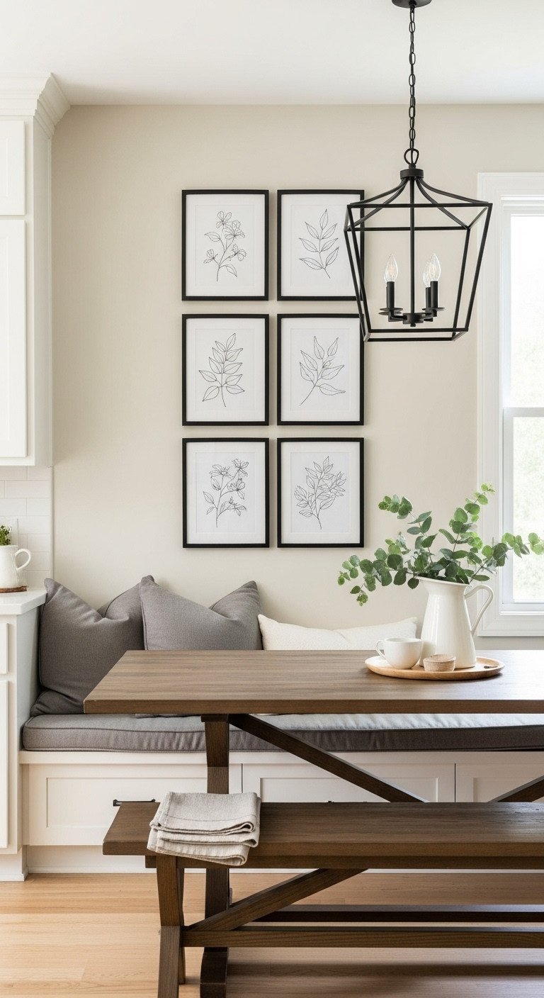 A grid gallery wall of six botanical line drawings in black frames hangs over a rustic bench in a cozy farmhouse kitchen nook.
