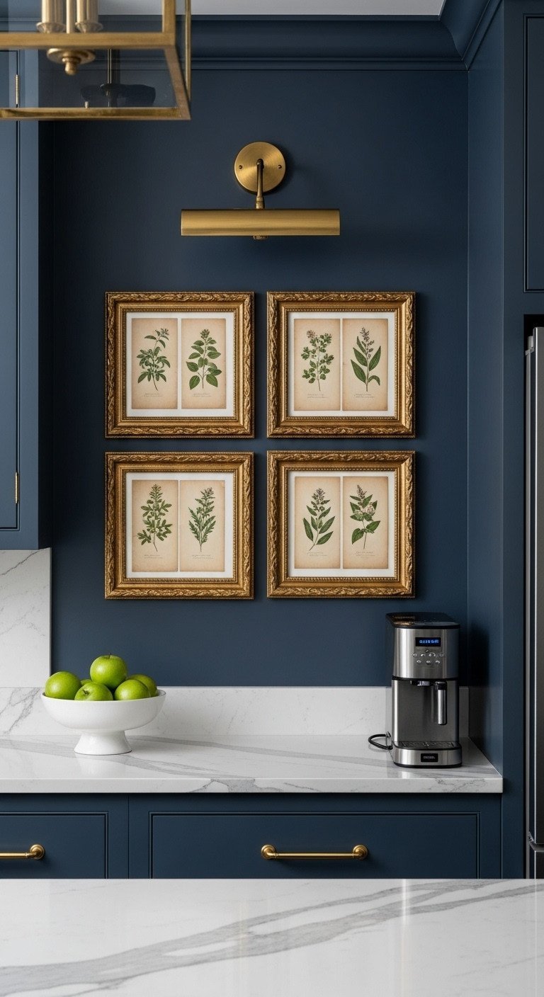 A grid of six antique herb illustrations in ornate gold frames hangs on a navy blue wall in a classic kitchen.