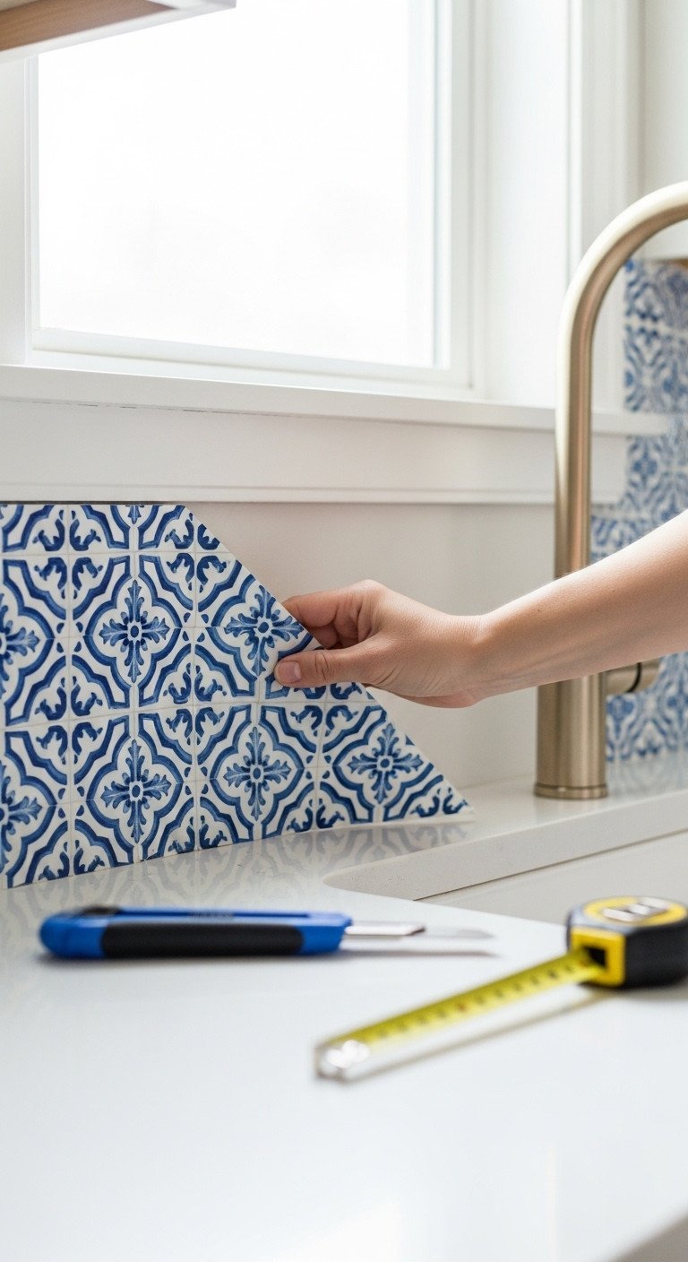 A hand applies a blue and white Mediterranean peel-and-stick tile backsplash to a kitchen wall for a vibrant DIY update.