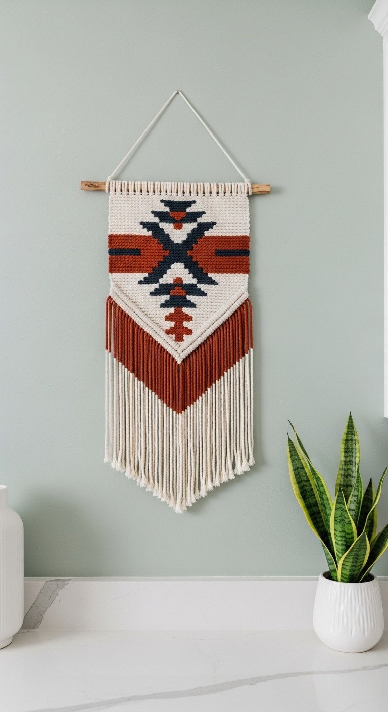 A hand-woven macrame wall hanging with a geometric pattern in earthy tones on a sage green accent wall in a modern kitchen.