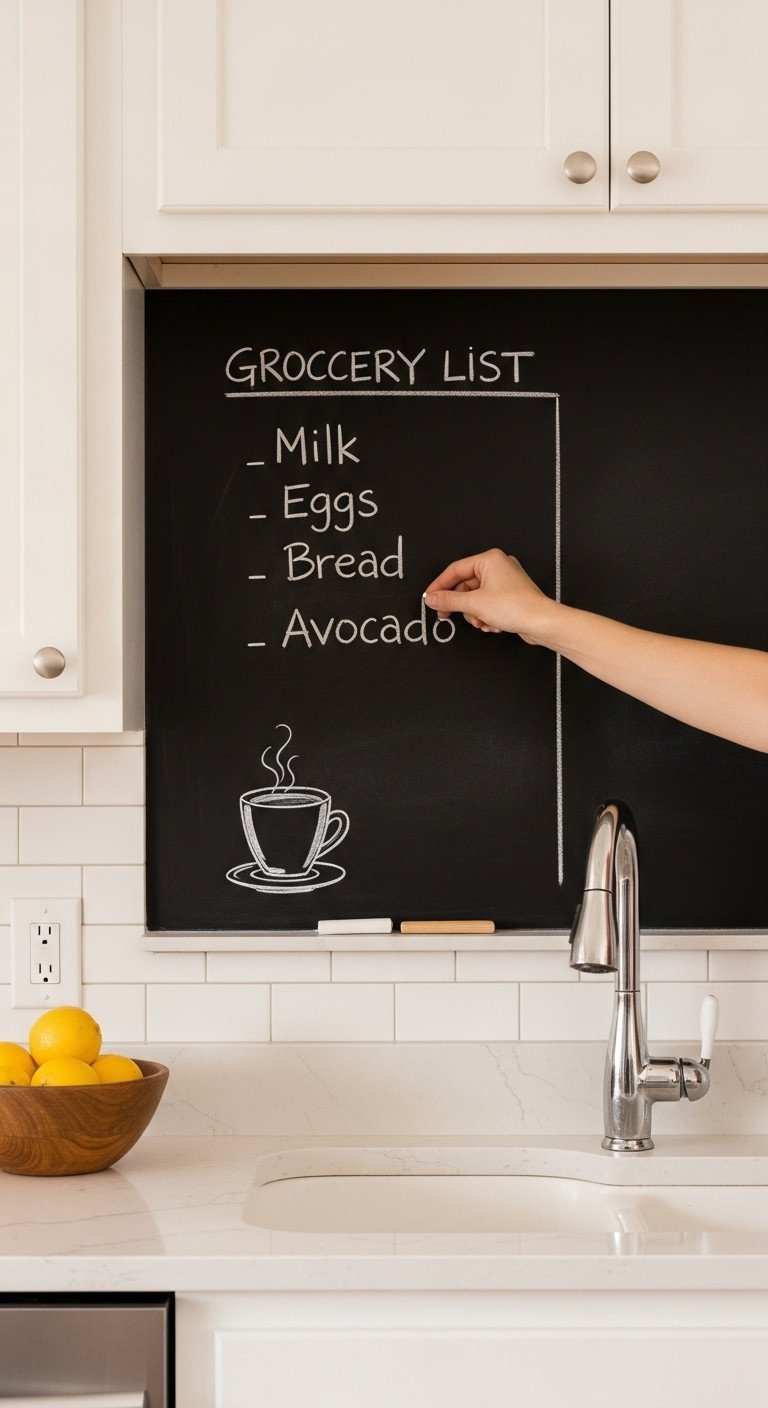 A hand writes on a grocery list with white chalk on a black chalkboard wall, a creative DIY idea for a cozy kitchen.