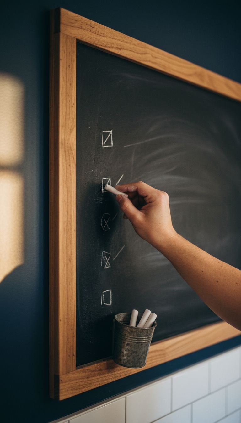 A hand writes on a large wood-framed chalkboard weekly menu, which is hanging on a dark navy blue wall in a farmhouse kitchen.