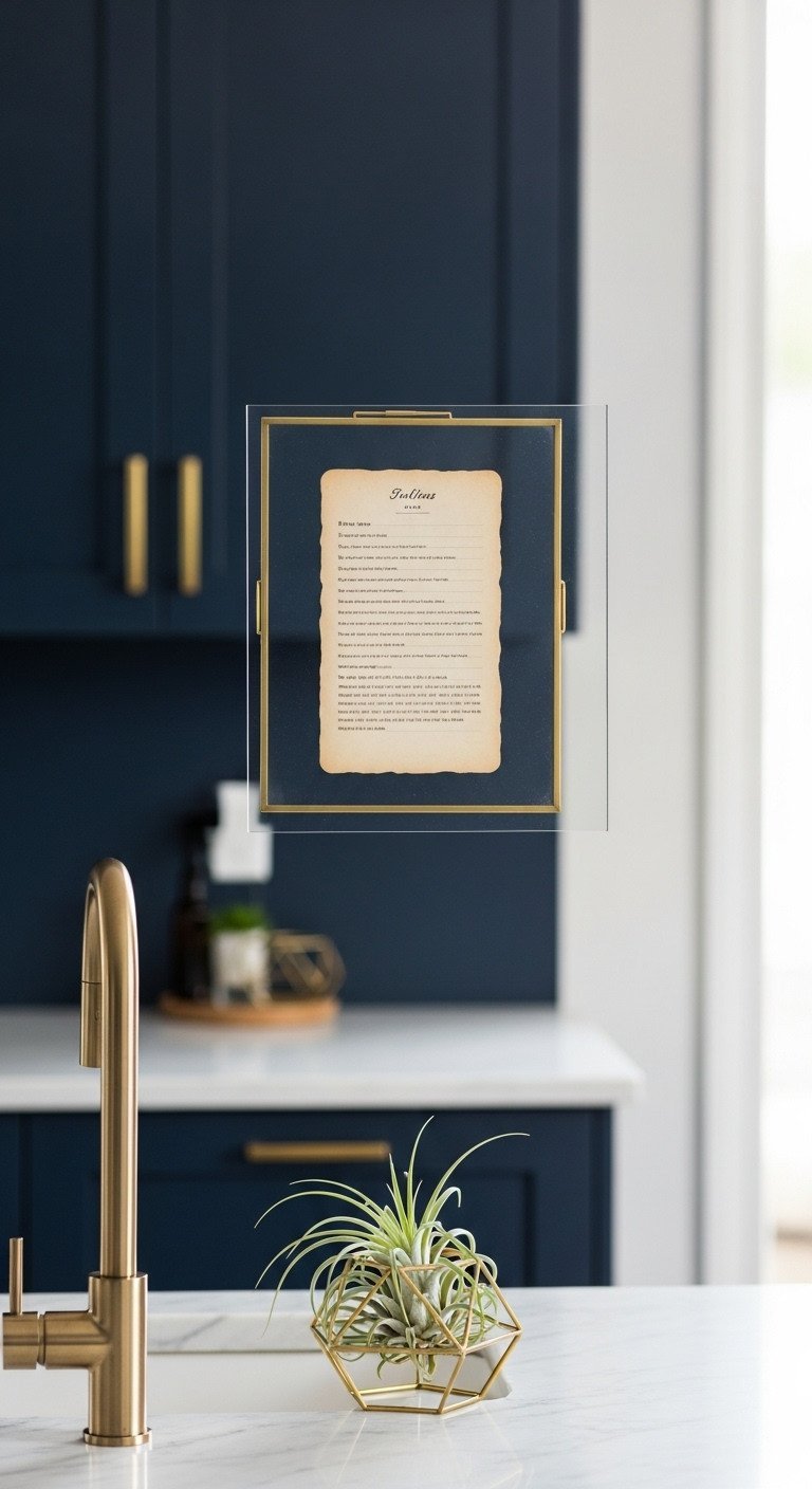 Create Beautiful Recipe Wall Art That Preserves Family Heirlooms 7 A handwritten recipe card displayed in a minimalist brass and glass floating frame hangs on a dark navy blue kitchen wall.