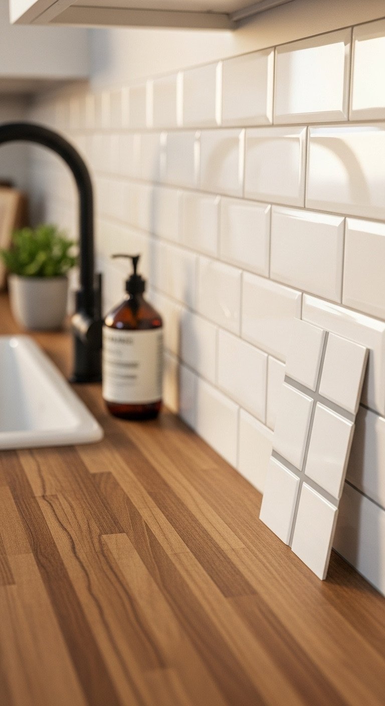 11 Genius Kitchen Wall Decor Ideas That Are Completely Damage Free 1 A kitchen accent wall with sage green botanical print peel-and-stick wallpaper above a white quartz countertop.