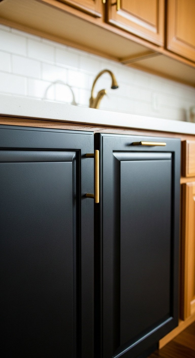 A kitchen cabinet door updated with matte black removable contact paper and a modern gold handle for a stylish DIY makeover.