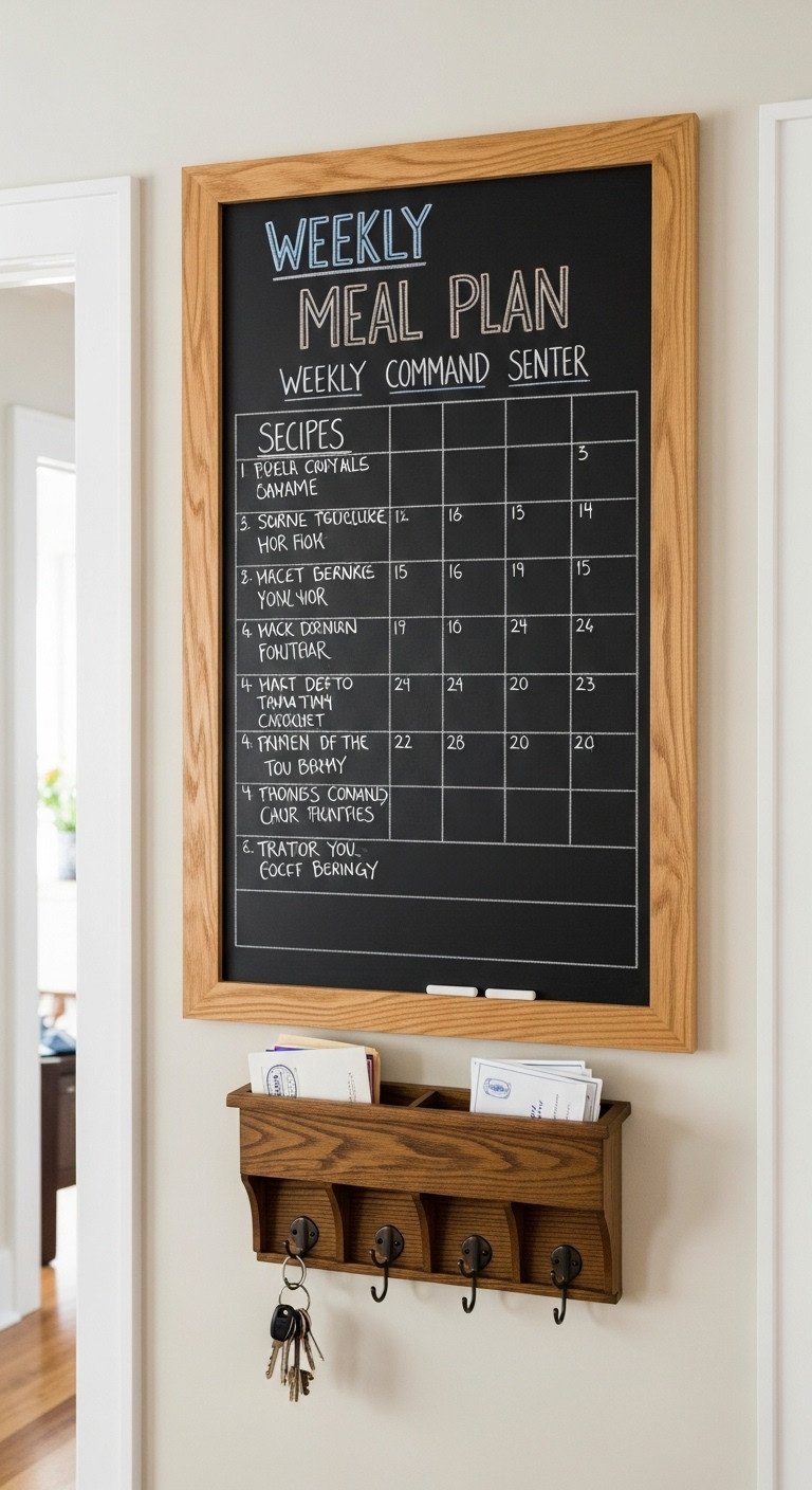 A kitchen command center featuring a framed chalkboard meal plan, a wooden mail sorter, and a set of wall-mounted key hooks.