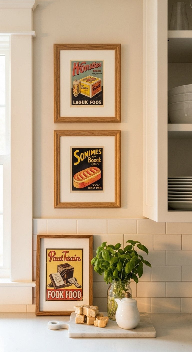 A kitchen gallery wall featuring three framed vintage 1950s food advertisement prints on a neutral cream-colored wall.