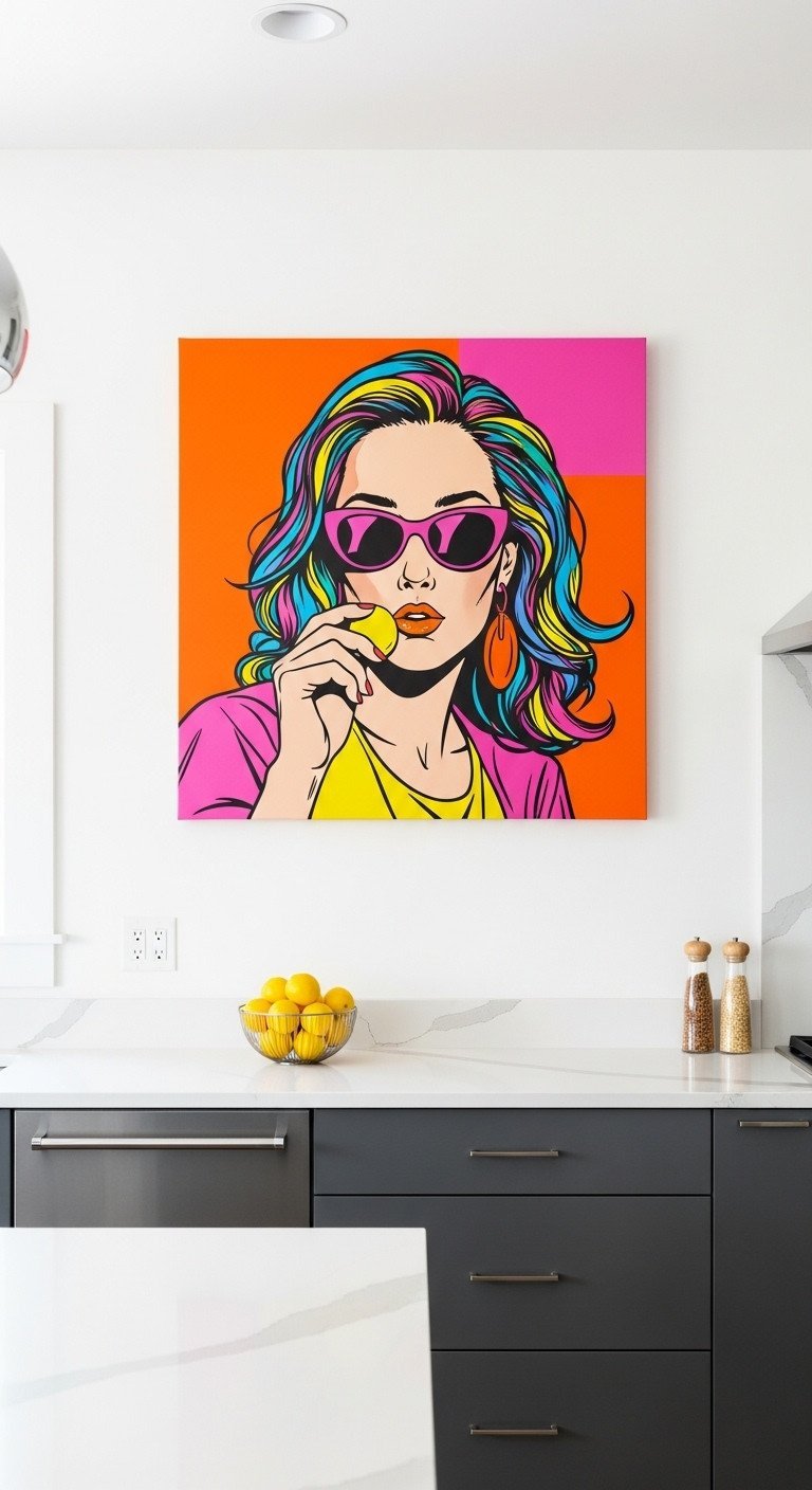 A large 1960s Pop Art canvas print with vibrant colors creates an accent wall in a modern kitchen with gray cabinets.