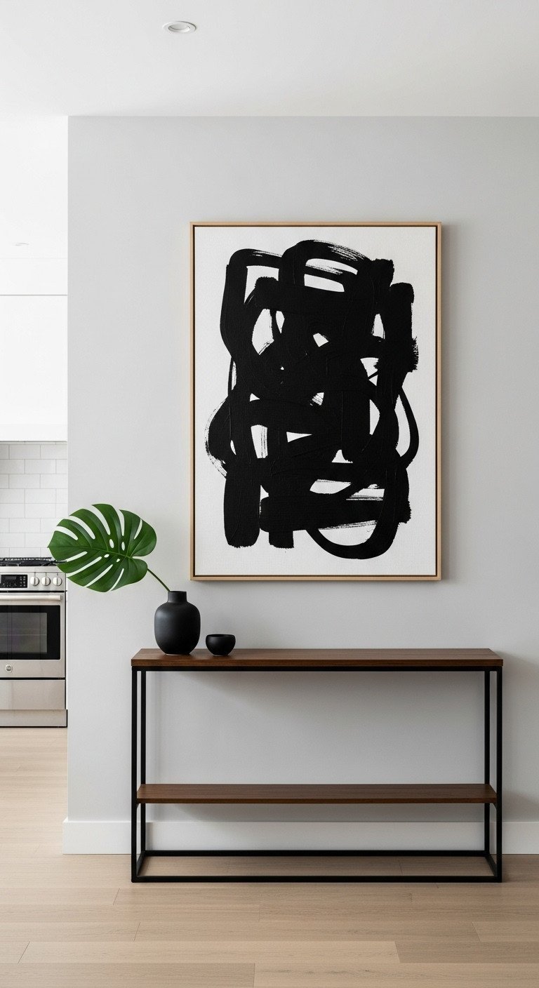 A large abstract black and white canvas art hangs over a dark wood console in a bright, modern minimalist kitchen.