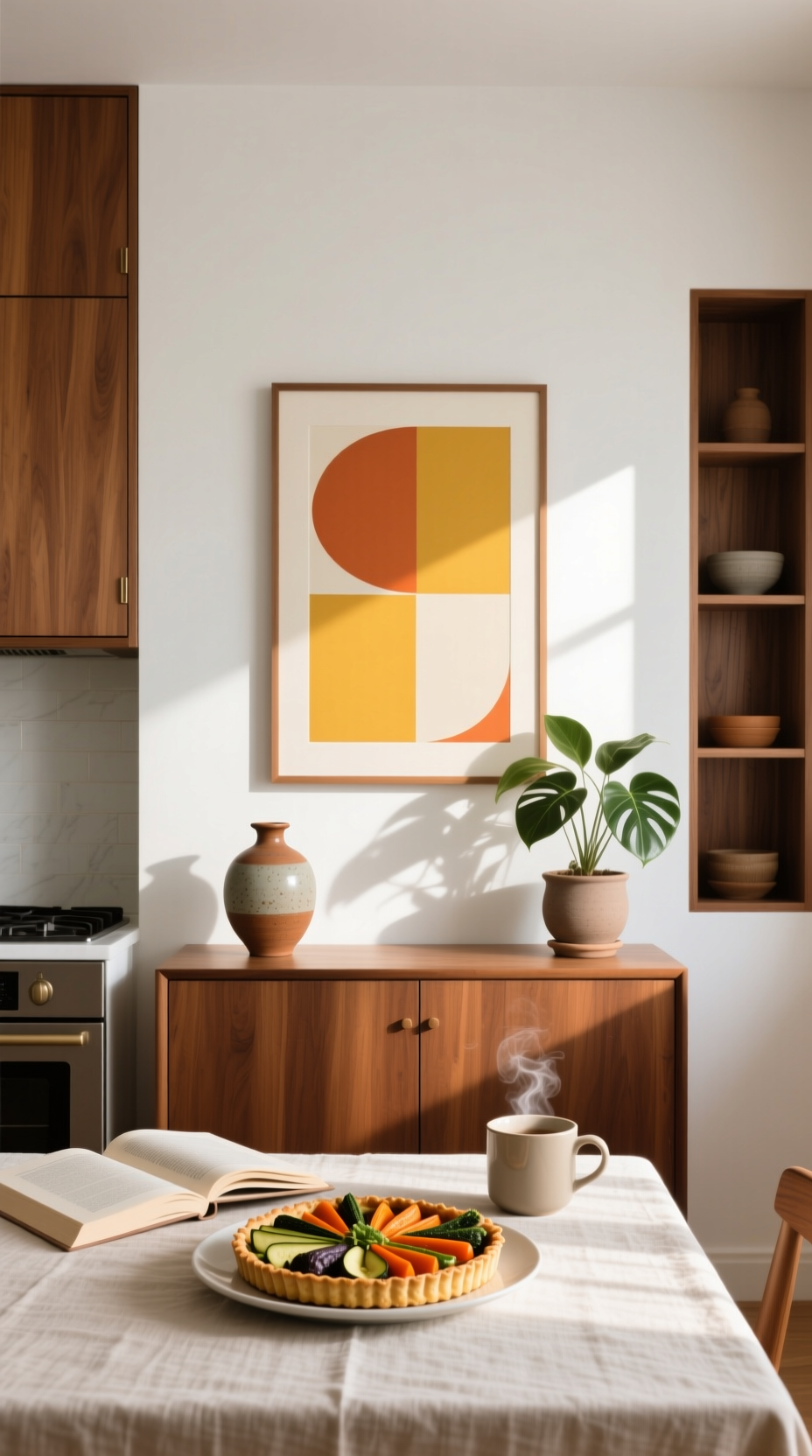 Stunning Vintage Kitchen Decor Ideas For A Charming Home 11 A large abstract geometric print in a teak frame hangs on a white wall in a stylish mid-century modern kitchen.
