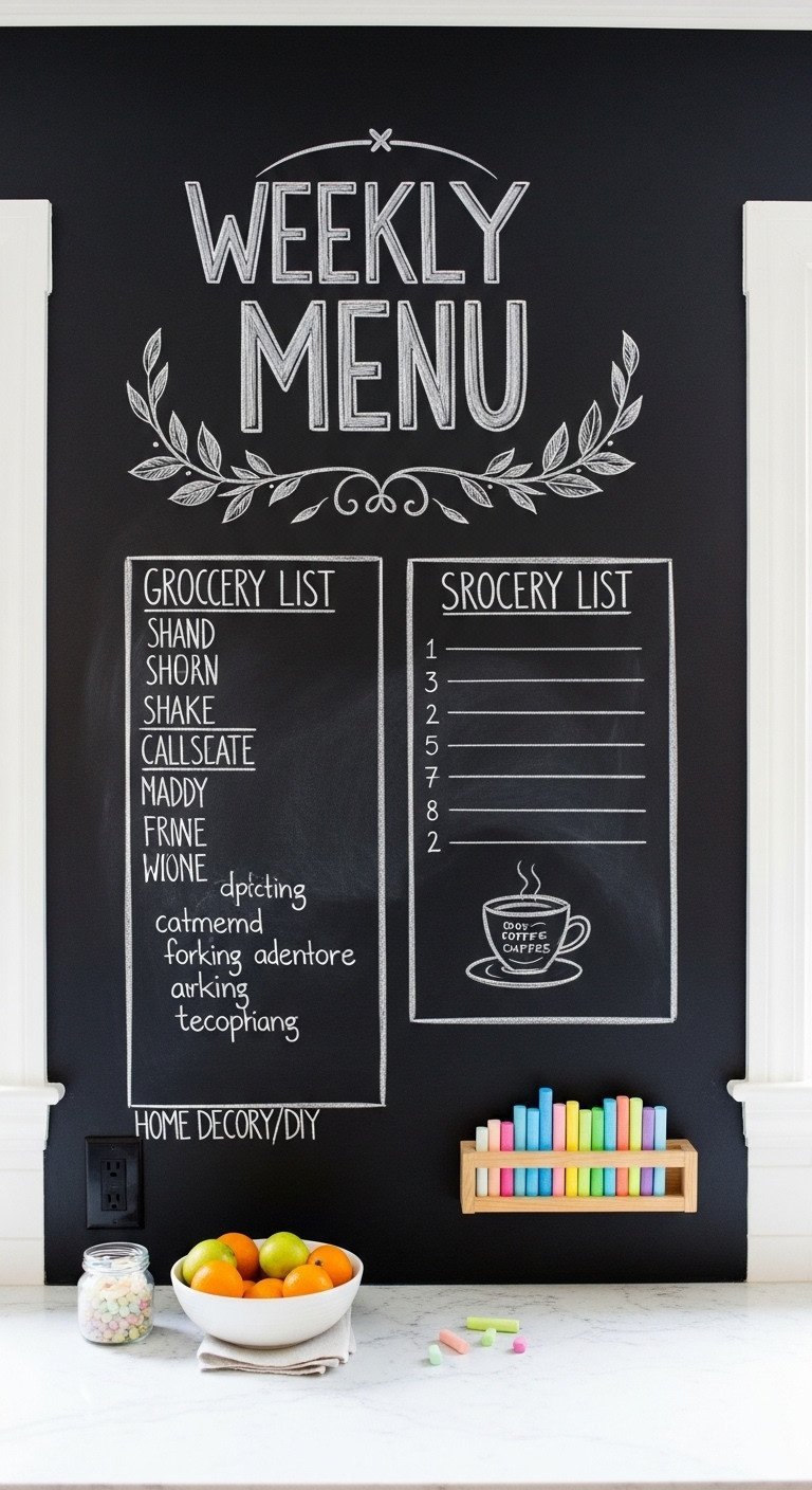 A large black chalkboard wall in a family kitchen with a hand-lettered weekly menu, grocery list, and colorful chalk.