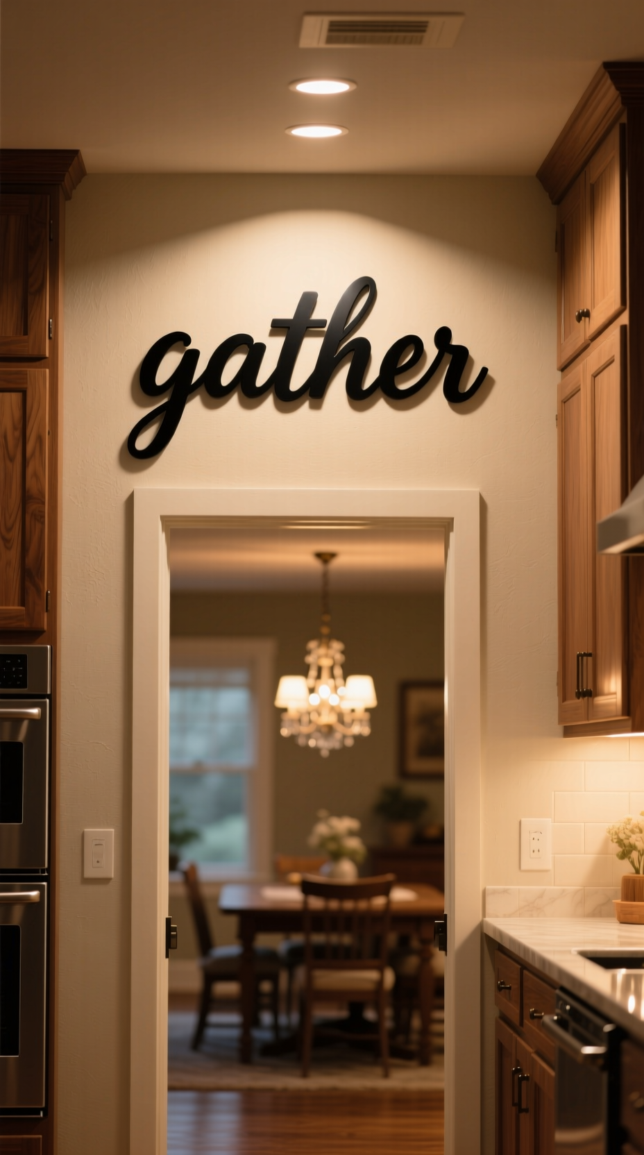 A large, black metal sign in a script font that says 'gather' mounted on a wall above a kitchen doorway.