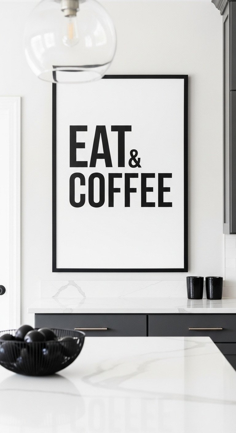 A large, bold typography art print in a black frame makes a statement on a white wall in a sleek, contemporary kitchen.