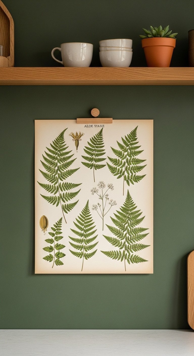 A large botanical poster of fern illustrations in a wood magnetic hanger on a minimalist, dark olive green kitchen wall.
