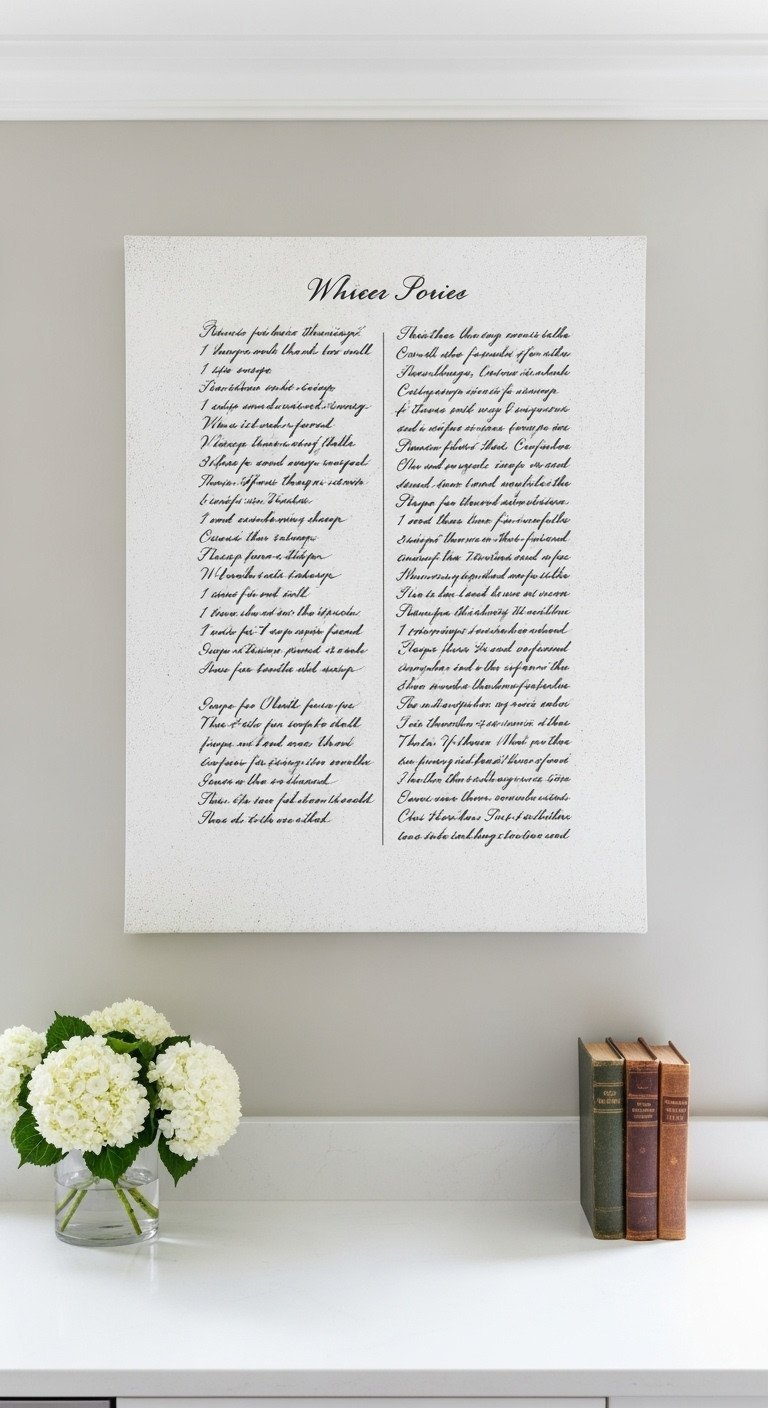 Create Beautiful Recipe Wall Art That Preserves Family Heirlooms 11 A large canvas print of a handwritten family recipe hangs as art on a greige wall in a classic, elegant kitchen.