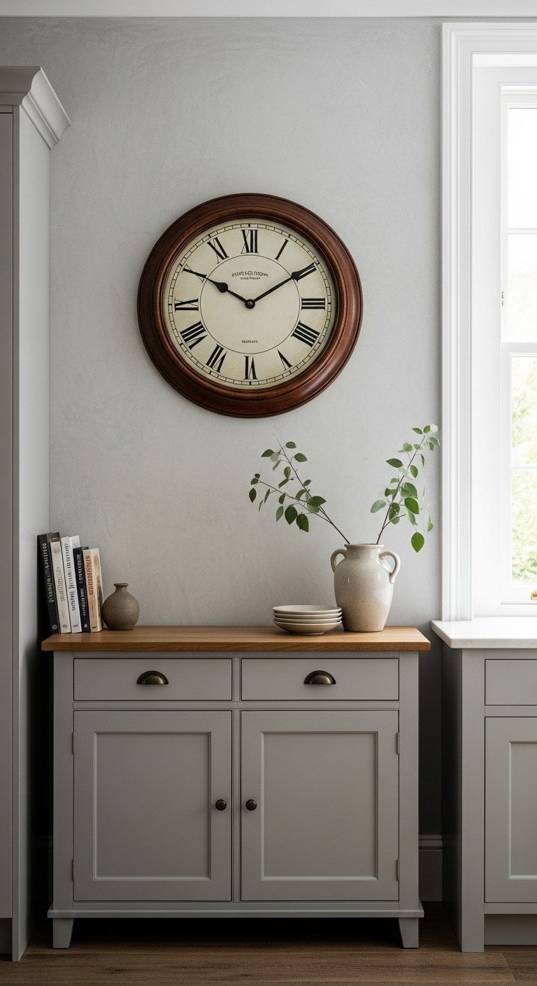 11 Traditional Kitchen Wall Decor Ideas To Get The Look Right 21 A large, classic wall clock with Roman numerals and a dark wood frame hangs on a light gray plaster wall in a kitchen.