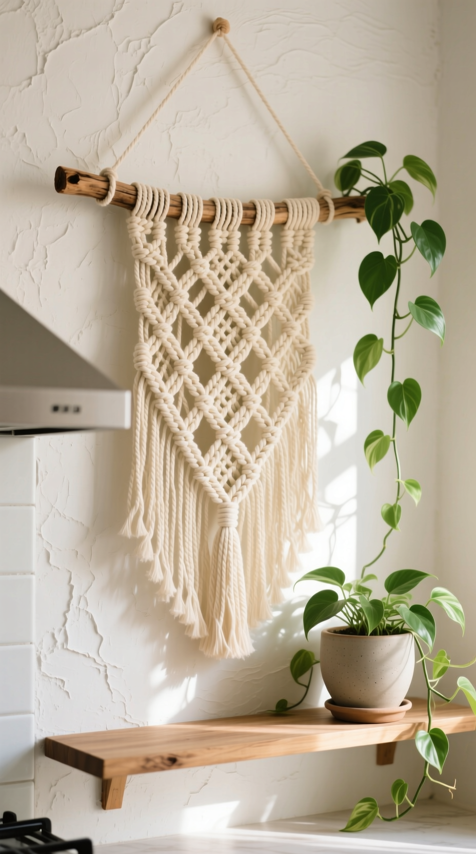 A large cream-colored macrame wall hanging on a driftwood dowel adds texture to a bohemian-style kitchen wall.