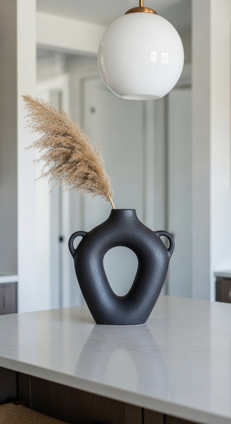 Kitchen Island Decor Secrets For Style And Function 17 A large, dark textured ceramic vase with a single stem of pampas grass as minimalist decor on a quartz countertop.