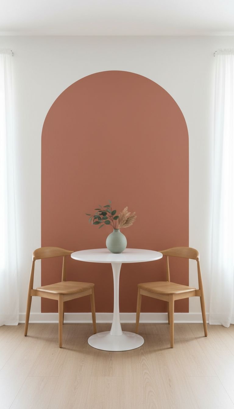 13 Minimalist Kitchen Wall Decor Ideas For Every Style 25 A large, dusty terracotta painted arch on a white wall creates a color-block accent in a modern breakfast nook design.