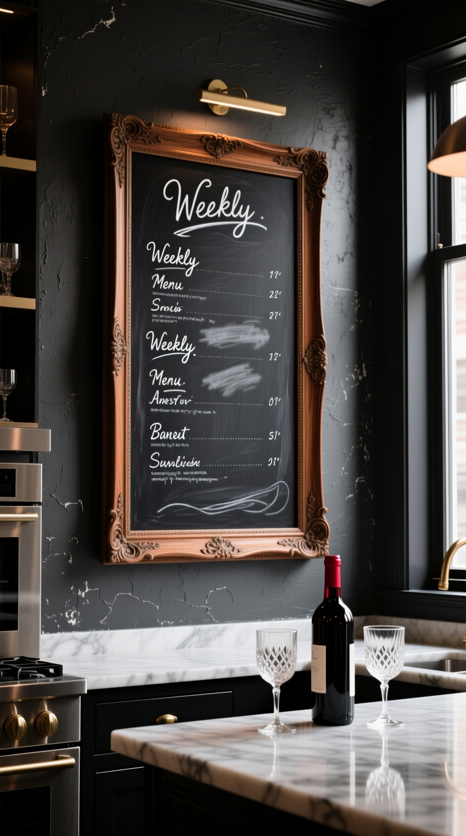 11 Diy Kitchen Wall Decor Ideas That Look High End 17 A large, framed chalkboard with a hand-drawn weekly menu hangs on a dark gray kitchen wall, creating an upscale bistro feel.