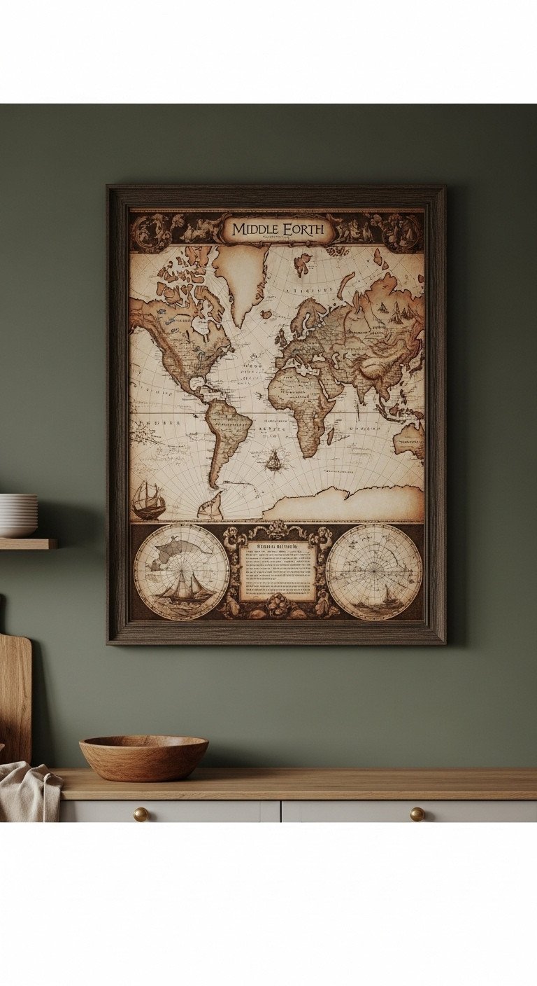 A large, framed fantasy map with a vintage sepia look hangs in a rustic dark wood frame on a sage green kitchen wall.