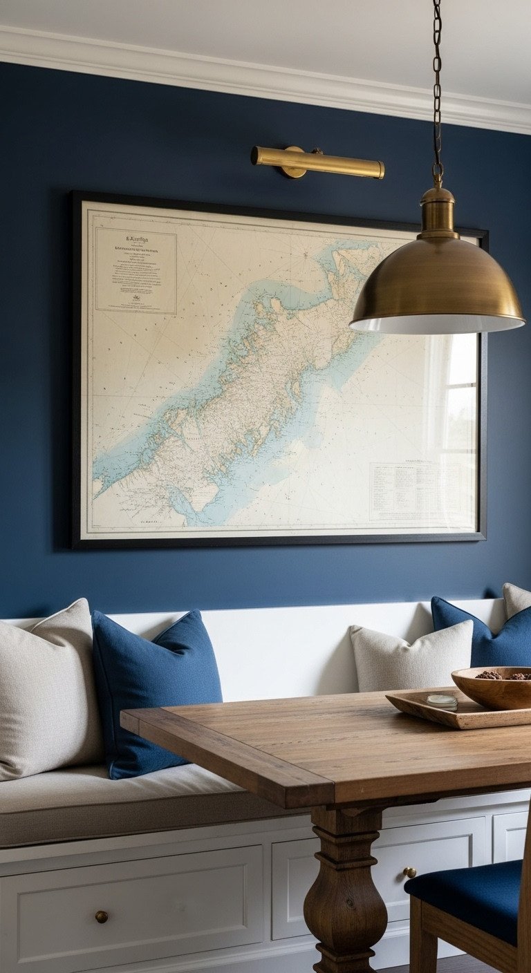 A large framed vintage nautical chart hangs on a navy blue accent wall above a white kitchen banquette with a brass light.