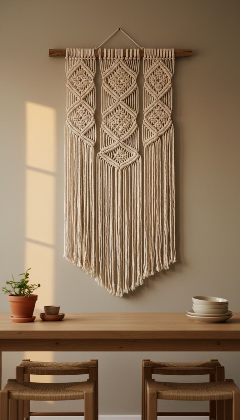 13 Minimalist Kitchen Wall Decor Ideas For Every Style 19 A large, geometric macrame wall hanging with long fringe on a wooden dowel adds texture to a warm greige kitchen wall.