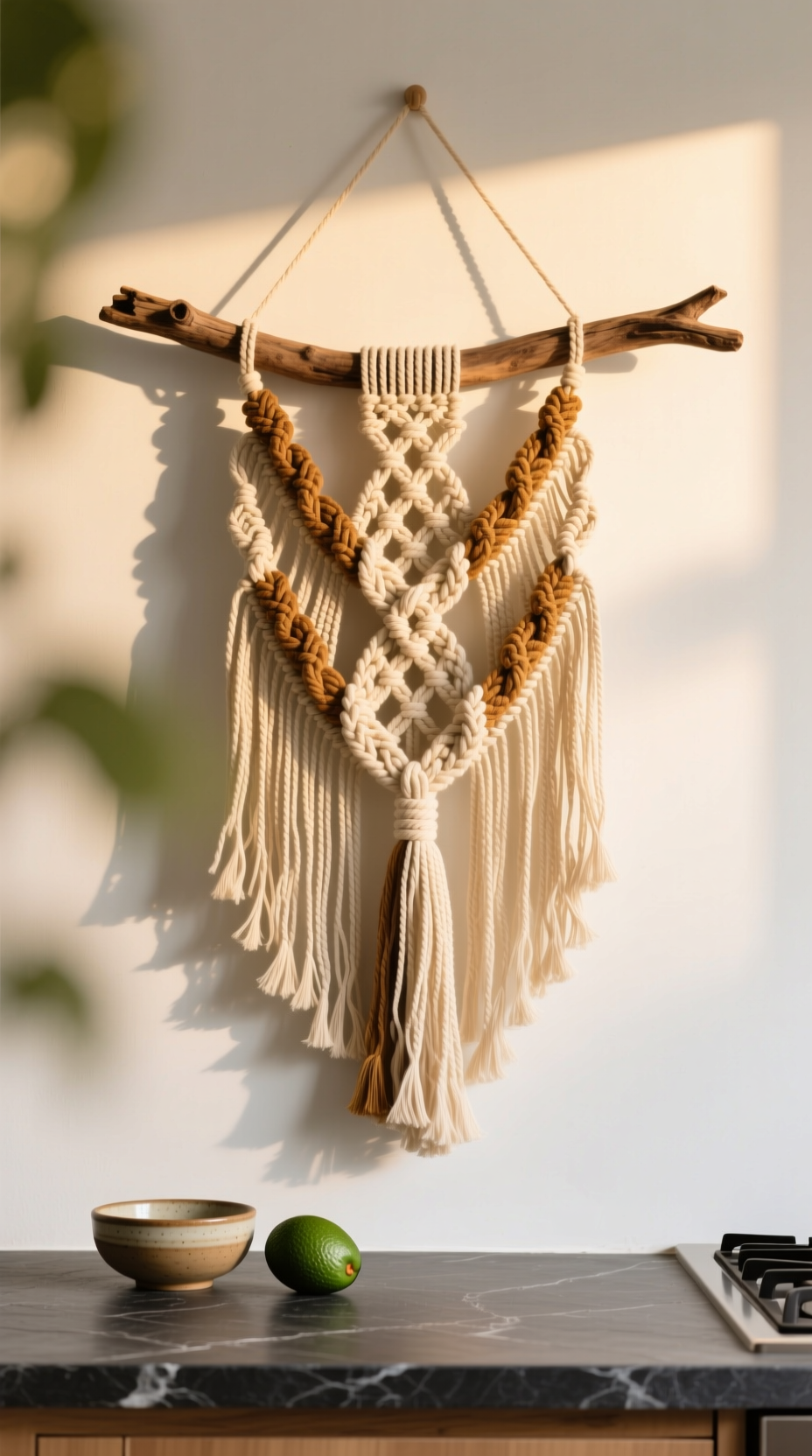 13 Genius Boho Kitchen Wall Decor Ideas You Can Style 5 A large, knotted macrame wall hanging on a driftwood branch, creating a textural focal point in a cozy boho kitchen.