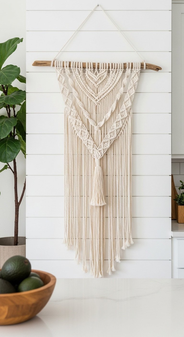 A large, knotted macrame wall hanging on a driftwood branch is the focal point of a white shiplap wall in a boho kitchen.