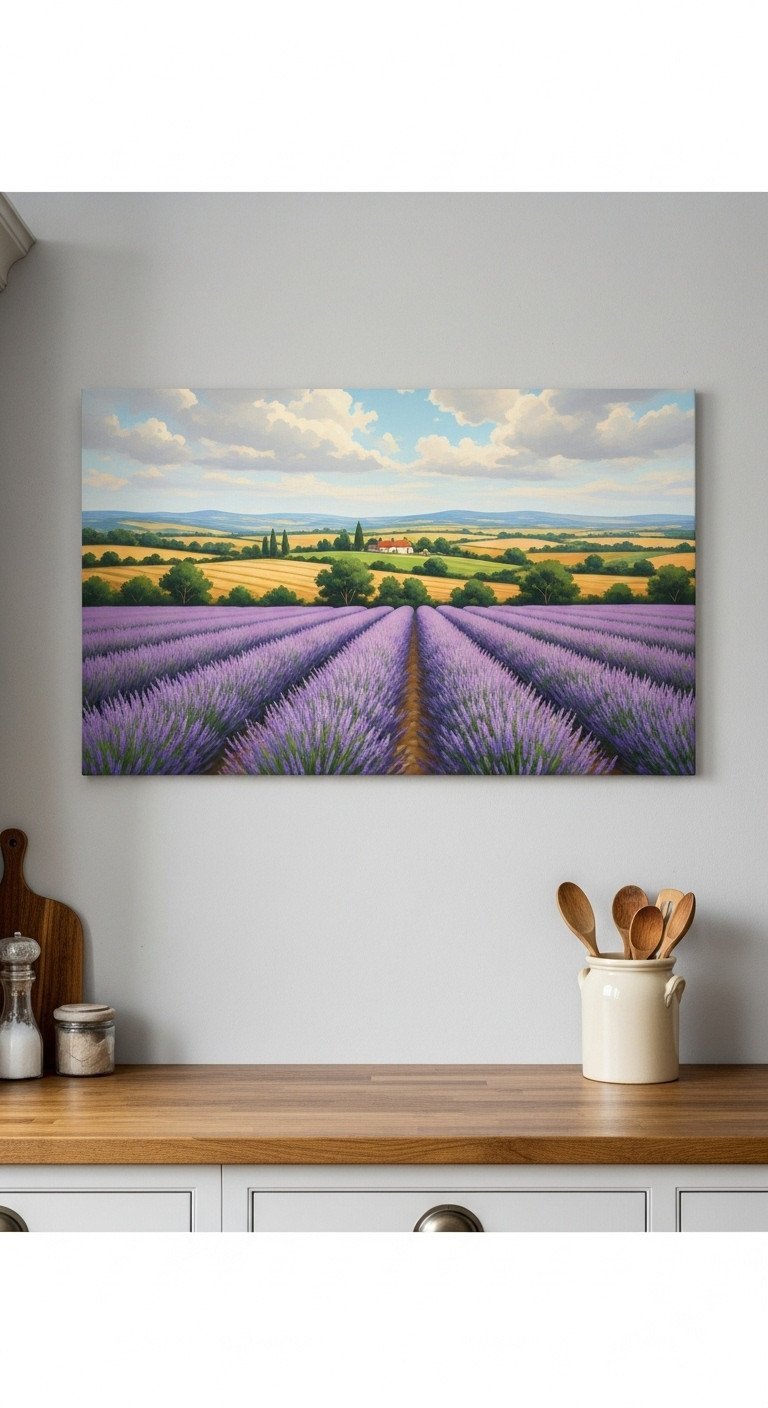 13 Stunning French Country Wall Decor Ideas For Your Kitchen 3 A large landscape canvas print of a pastoral countryside hangs on a gray wall in a French country kitchen.