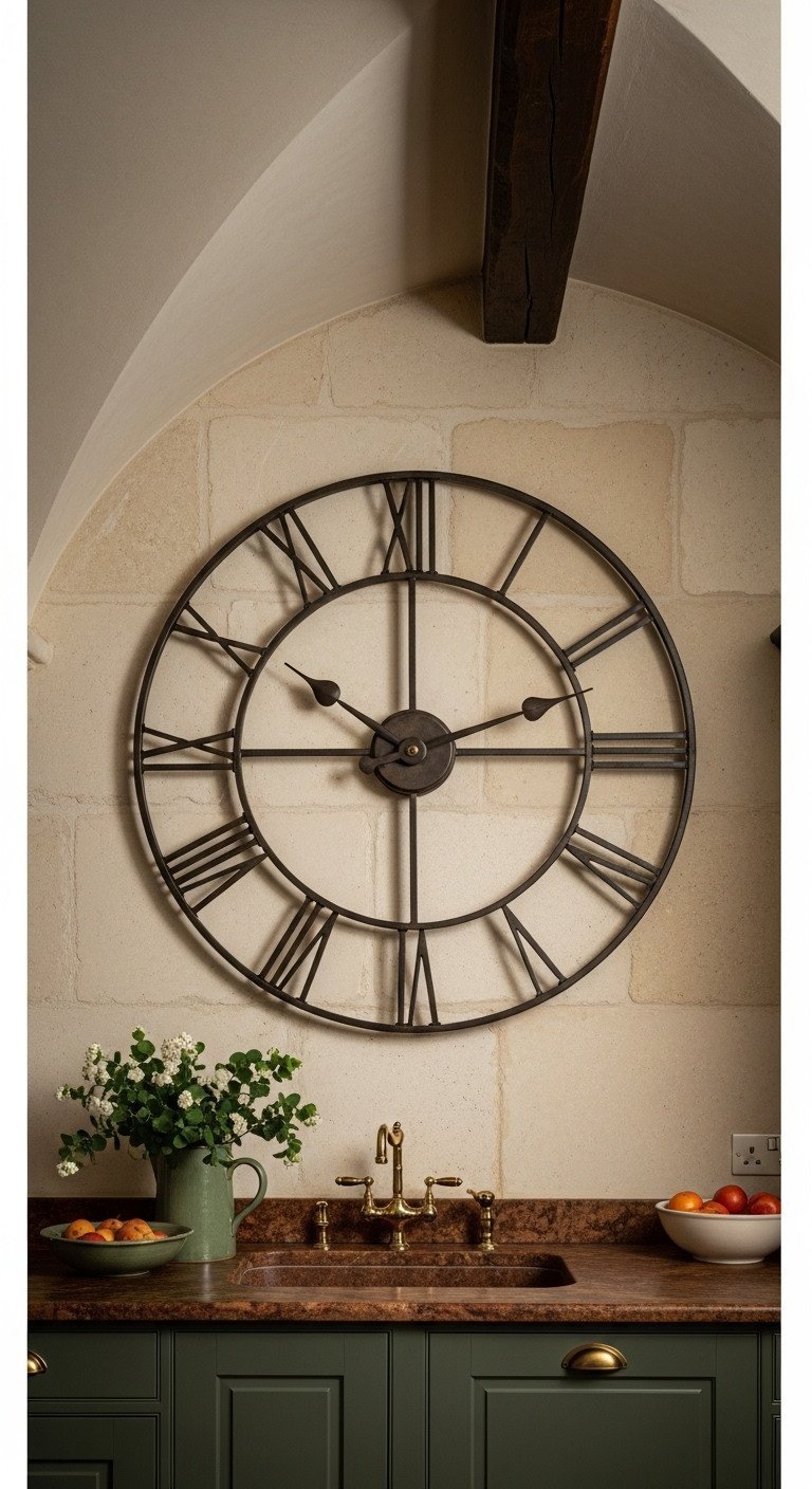 13 Stunning French Country Wall Decor Ideas For Your Kitchen 9 A large, open-faced wrought iron wall clock with Roman numerals hangs on a textured beige wall in a kitchen.