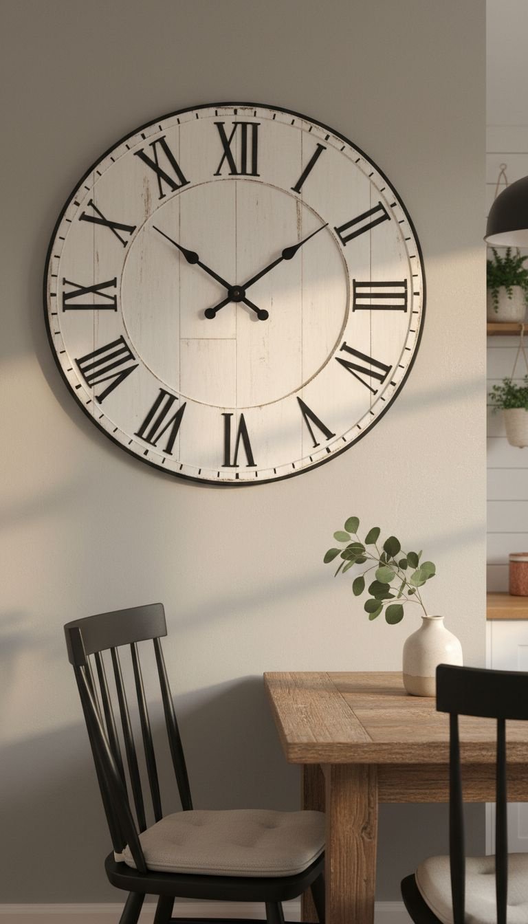 A large, oversized wall clock with a distressed white face and black roman numerals on a greige wall in a farmhouse dining nook.