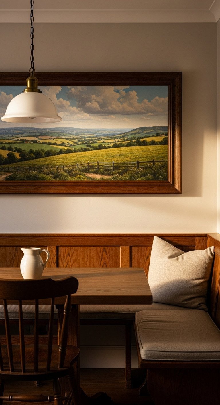 11 Traditional Kitchen Wall Decor Ideas To Get The Look Right 5 A large pastoral landscape painting in a dark wood frame hangs above a wooden dining banquette in a cozy, sunlit kitchen nook.