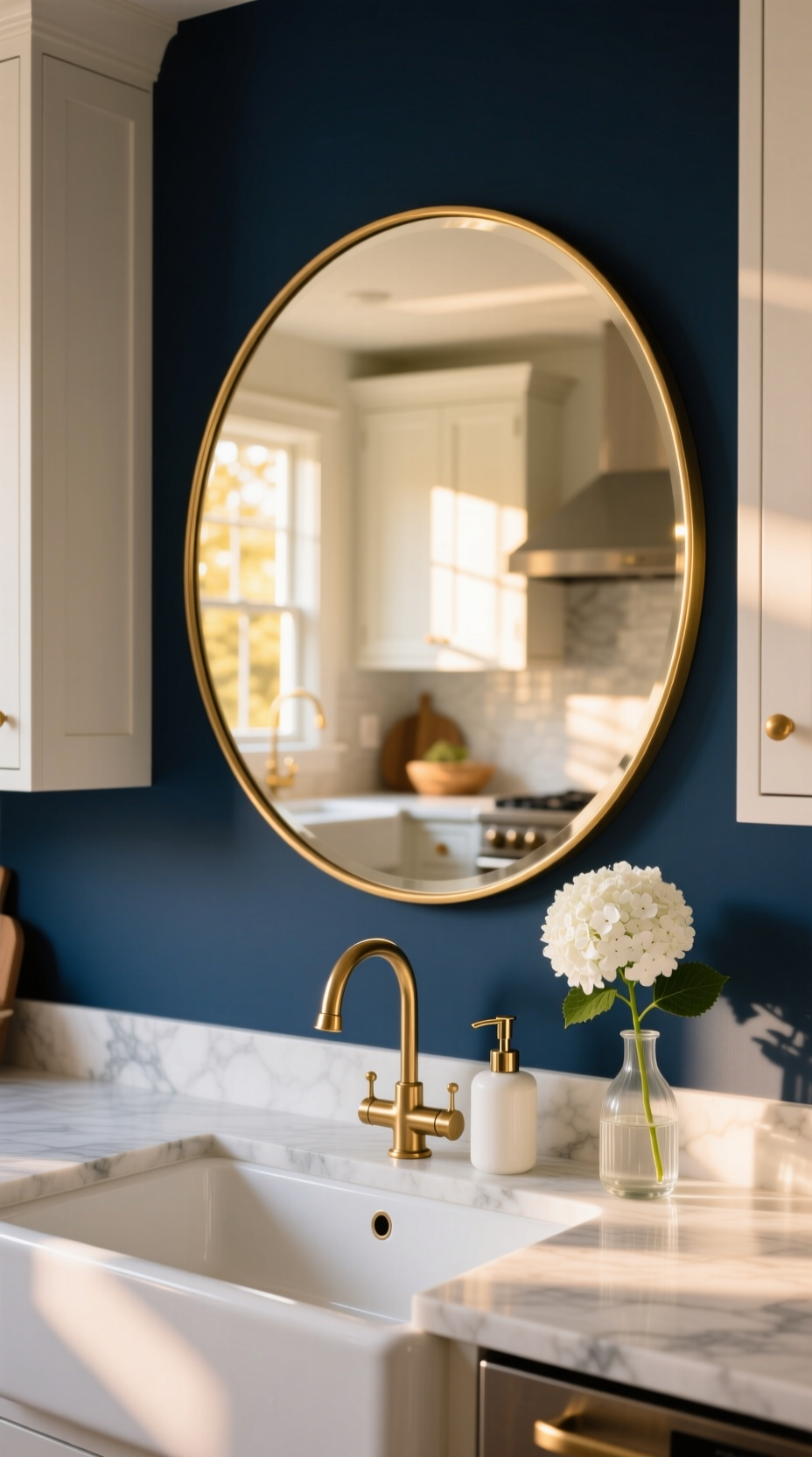 Genius Kitchen Wall Decor Ideas To Elevate Your Sink 5 A large round brass mirror hangs on a navy blue accent wall above a white fireclay sink in an elegant transitional kitchen.