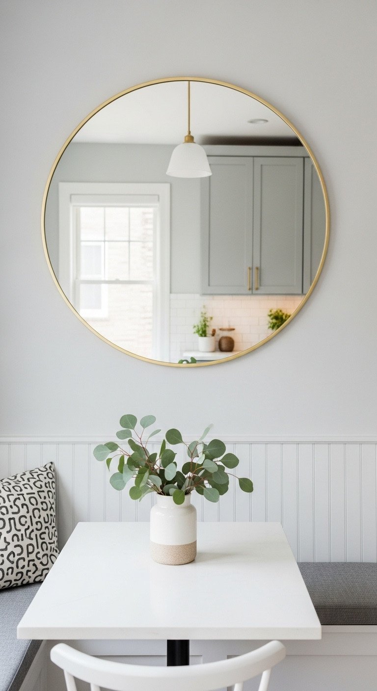 11 Genius Small Kitchen Decor Ideas To Maximize Your Space 6 A large, round gold mirror on a light gray wall in a small kitchen, reflecting a window to create a bright, airy space.