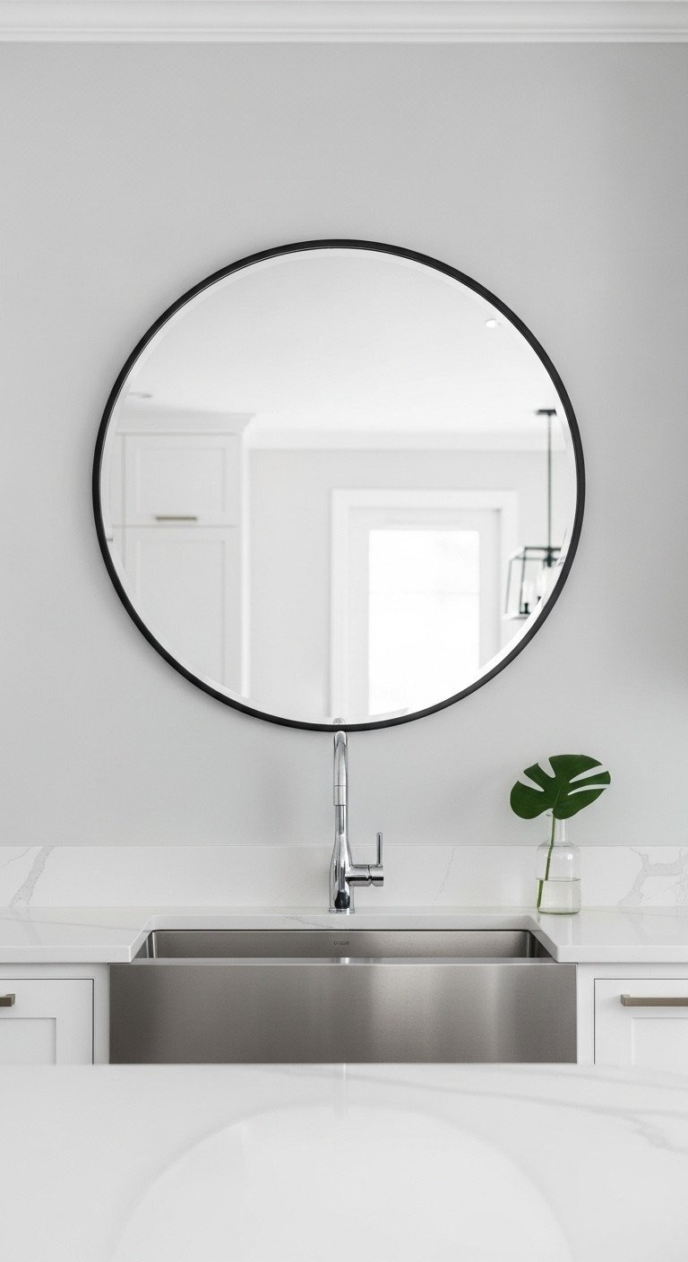 A large, round mirror with a matte black frame hangs on a gray wall above a modern kitchen sink with a chrome faucet.