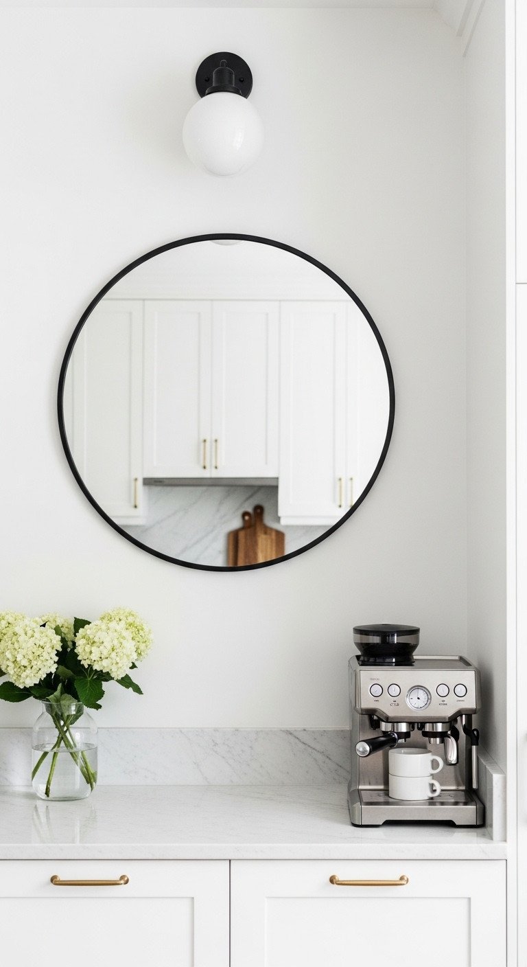 A large round mirror with a thin black metal frame hangs on a white kitchen wall above a marble coffee bar countertop.