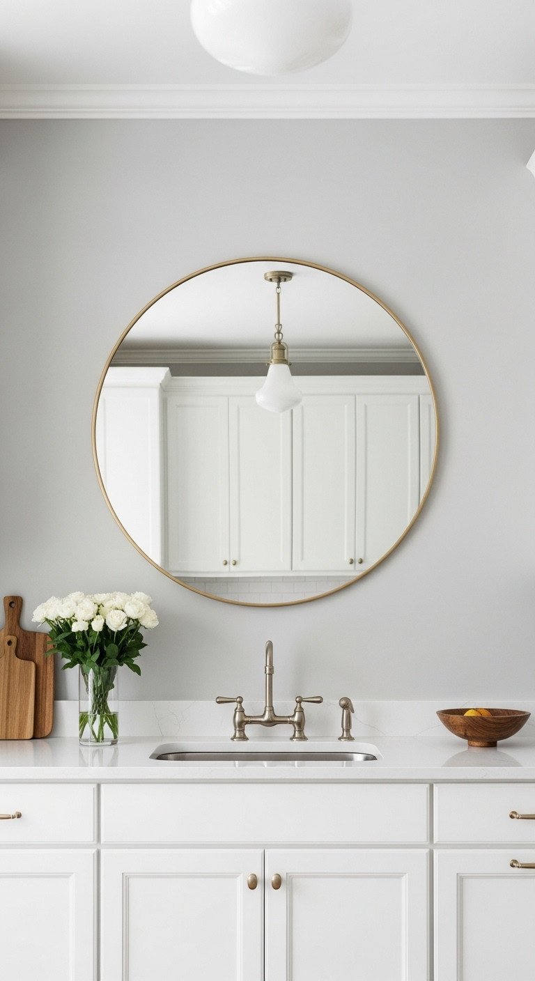 A large, round mirror with a thin brass frame hangs on a soft gray wall above white cabinets, making the chic kitchen feel bright.