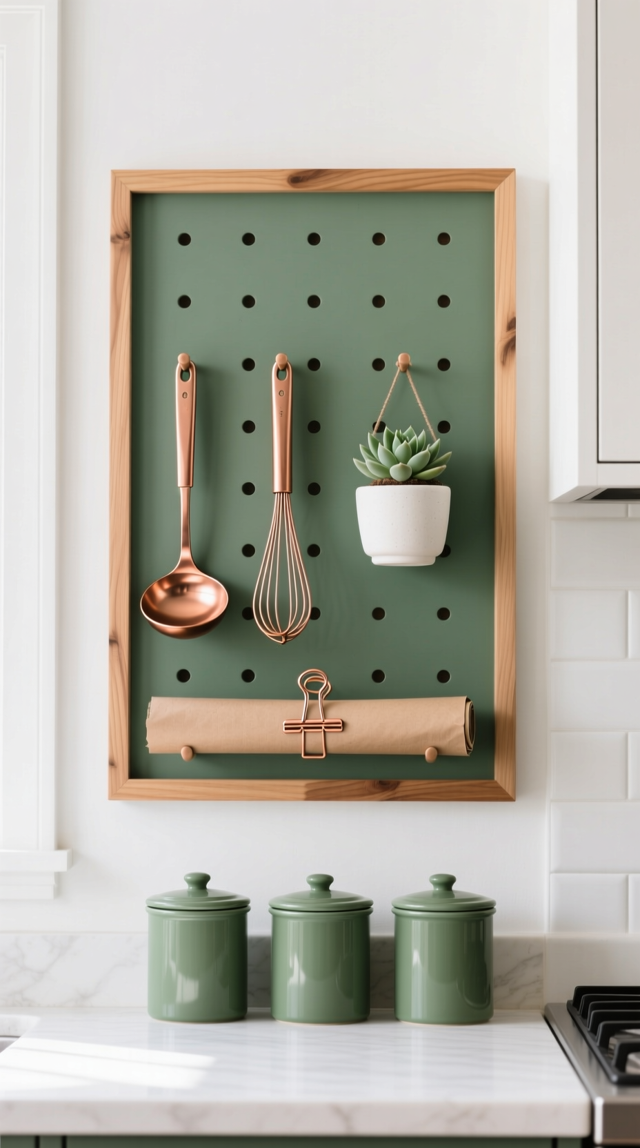 11 Diy Kitchen Wall Decor Ideas That Look High End 13 A large, sage green wooden pegboard neatly organizes copper utensils and a small plant, creating stylish kitchen wall storage.