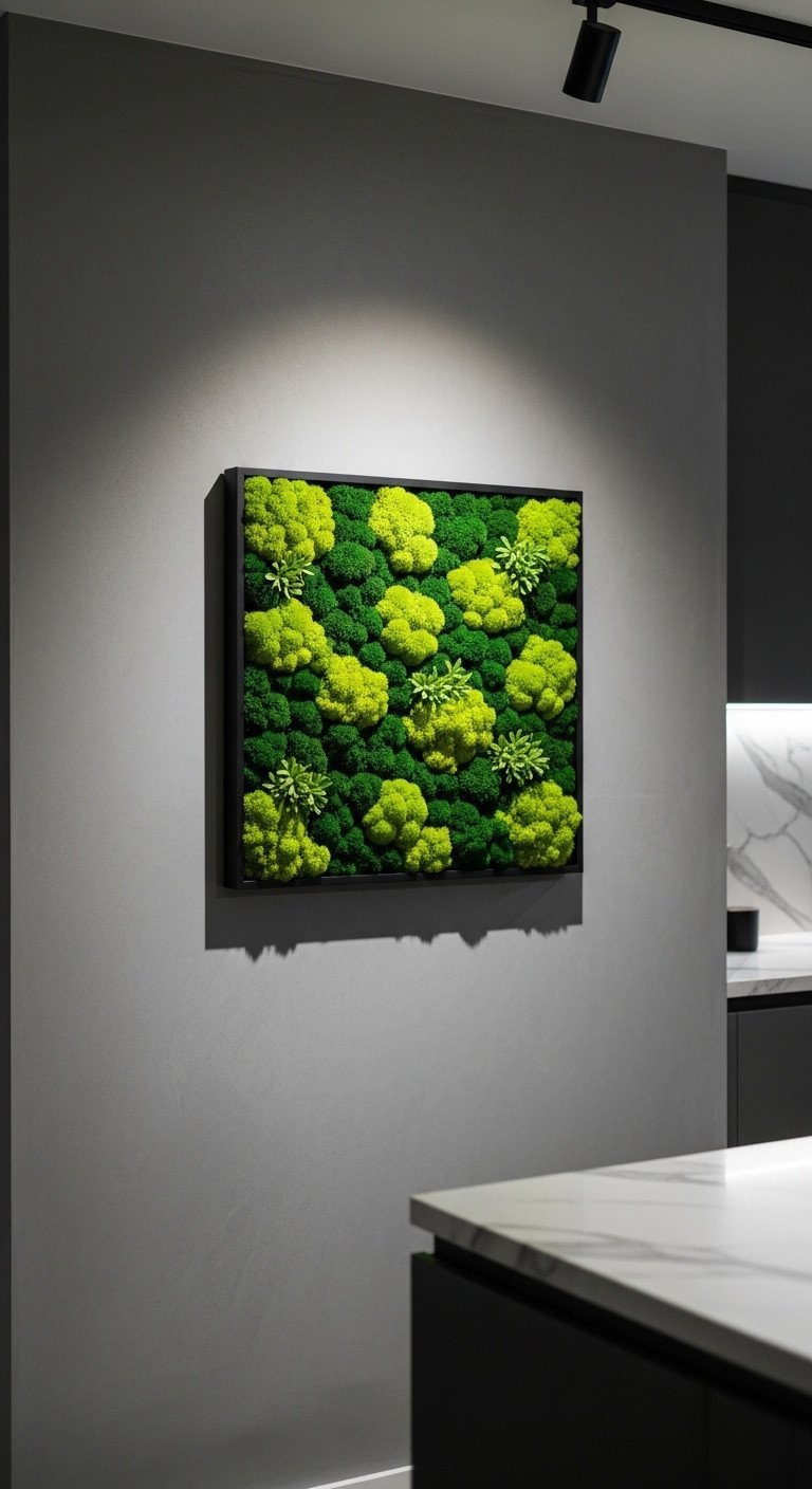 A large, square black frame filled with vibrant green preserved moss art, hanging on a charcoal gray wall in a minimalist kitchen.