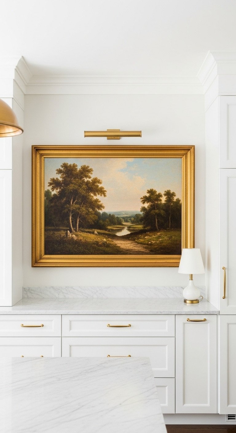 A large vintage landscape oil painting in an ornate gold frame hangs on a white wall in an elegant, modern kitchen.