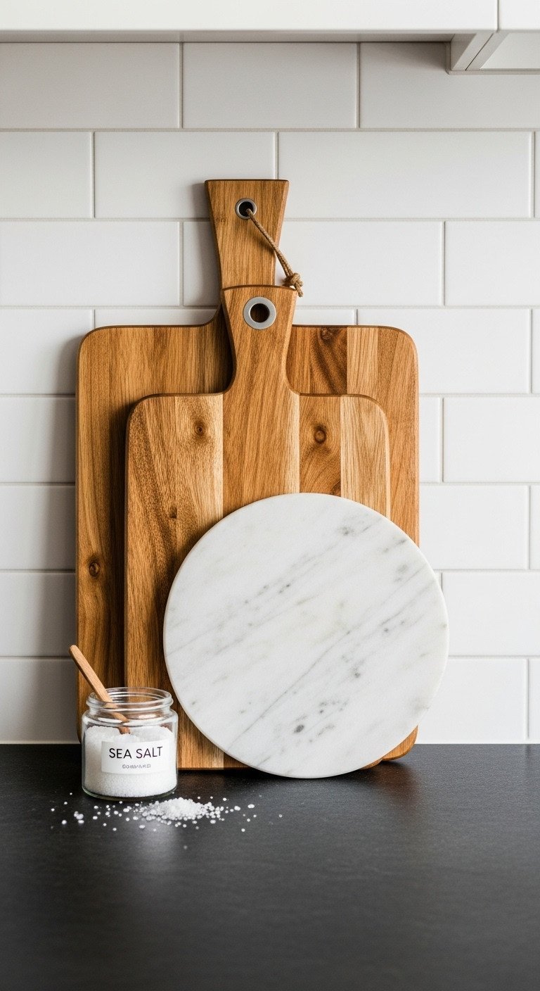 A large wood cutting board and a round marble board layered together, leaning against a white tile kitchen backsplash.