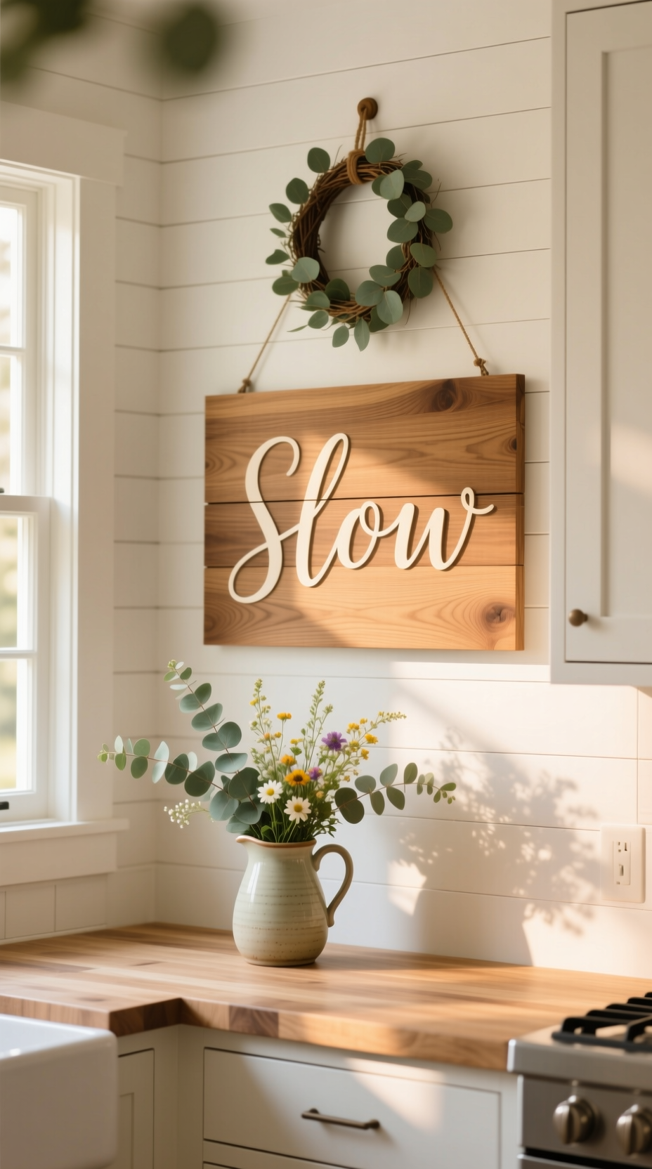 Stunning Vintage Kitchen Decor Ideas For A Charming Home 3 A large wooden sign with a eucalyptus wreath hangs on a white shiplap wall in a cozy, modern farmhouse-style kitchen.